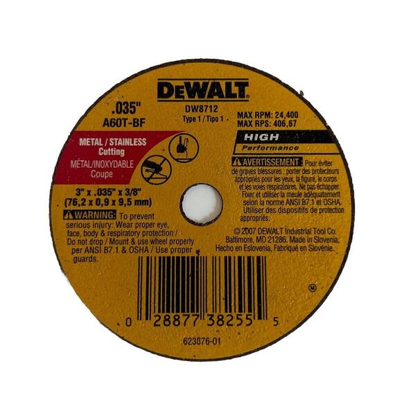 DeWALT Type 1 Metal Stainless A60T-BF Cutting Wheel 3" x .035" x 3/8" DW8712 - Picture 1 of 2